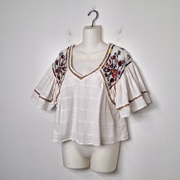 Anthropologie Pilcro Floral Embroidered Crop Blouse Sz S Boho Cottagecore Cotton - Picture 2 of 15